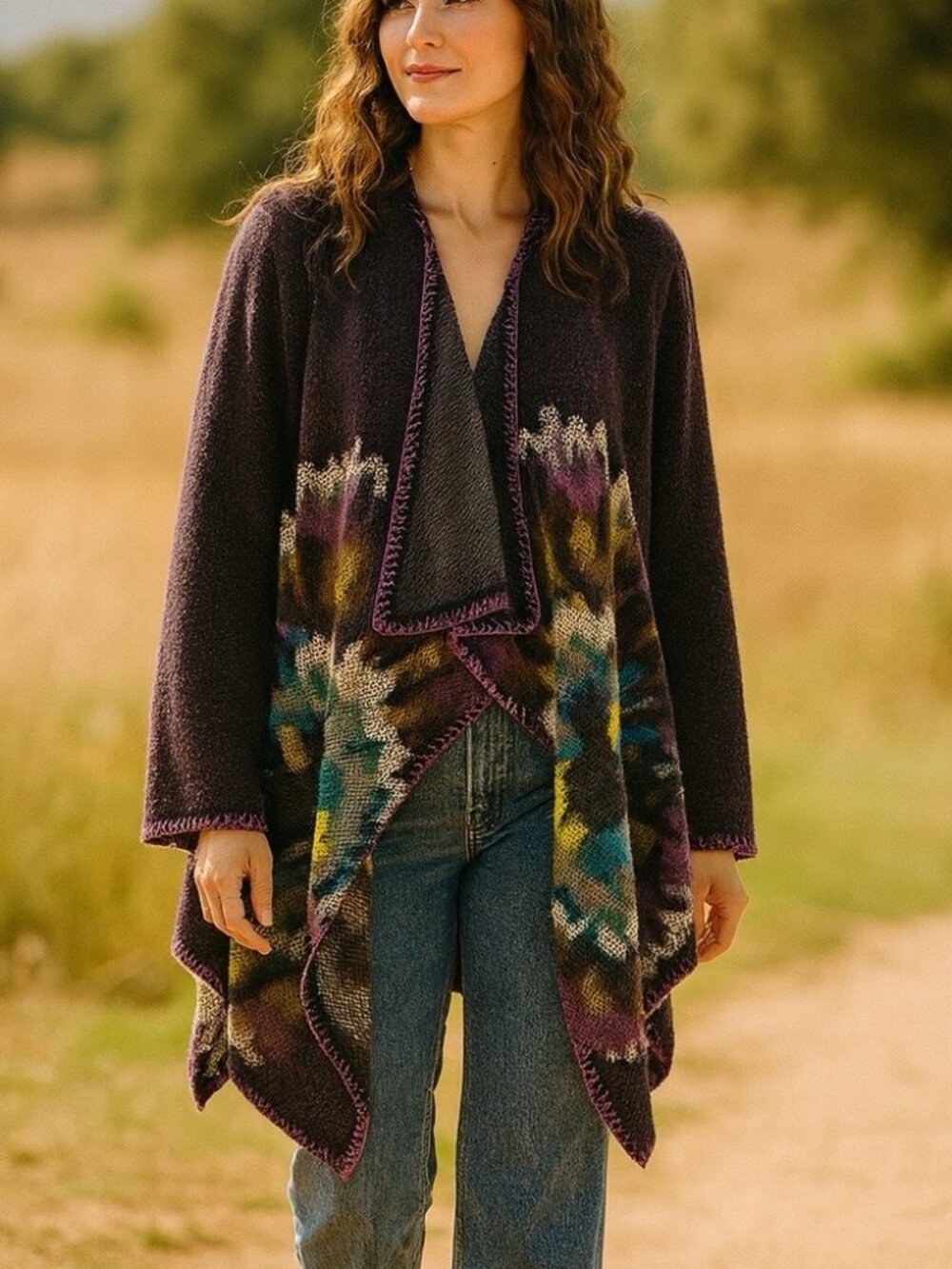 Mushka by Sienna Rose Waterfall Open Floral Knit Cardigan - Purple Teal | Size L